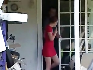 Redhead gets fucked while dad sleeps inside the house